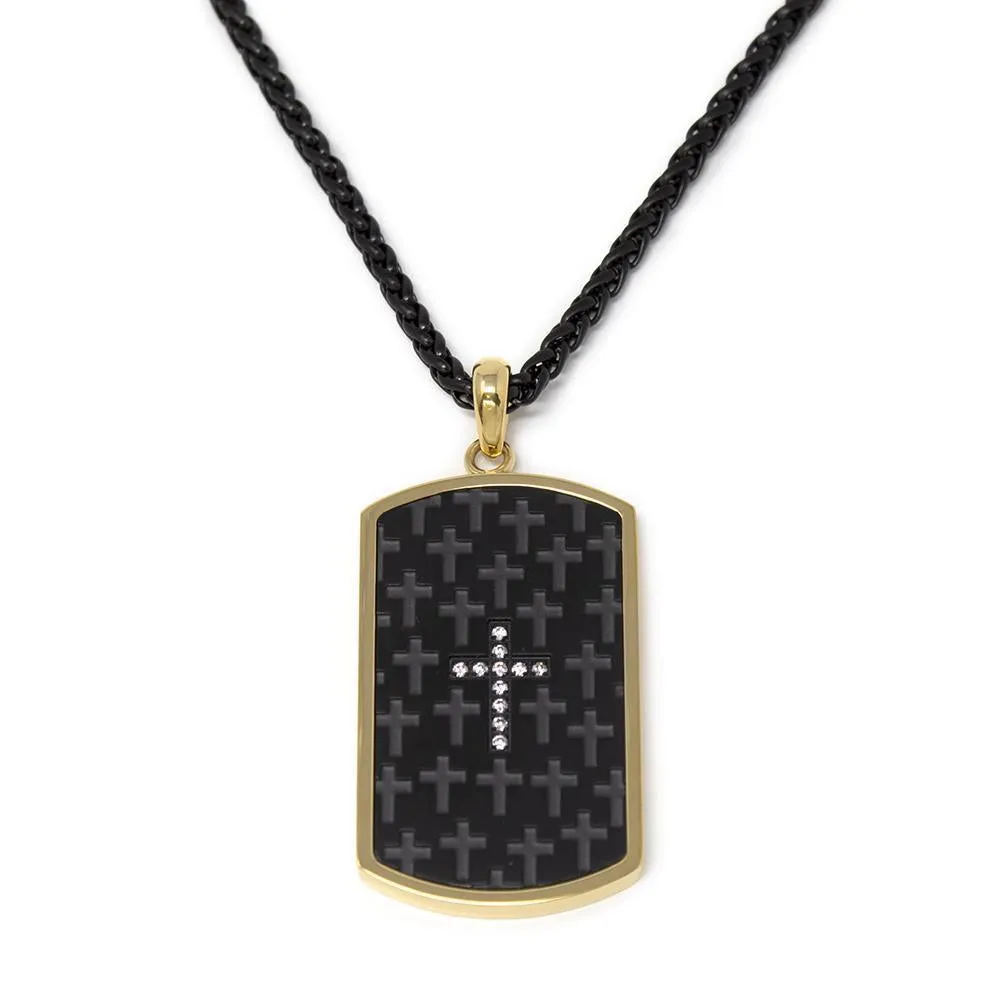 Stainless Steel Tag with CZ Cross Pendant in Chain Black/Gold