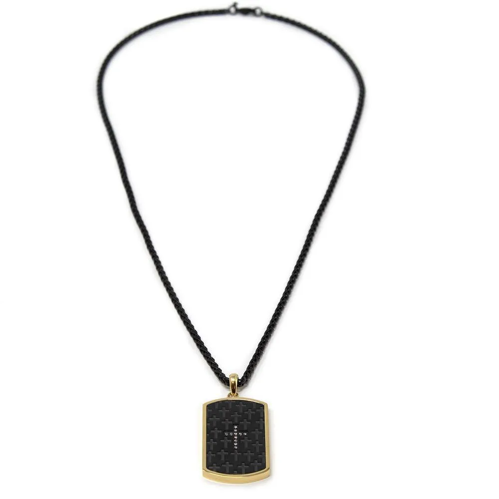 Stainless Steel Tag with CZ Cross Pendant in Chain Black/Gold