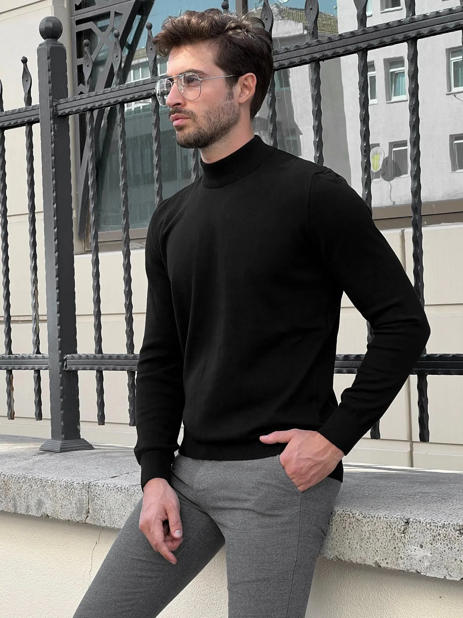 Stefano Slim Fit Black Turtleneck Sweater