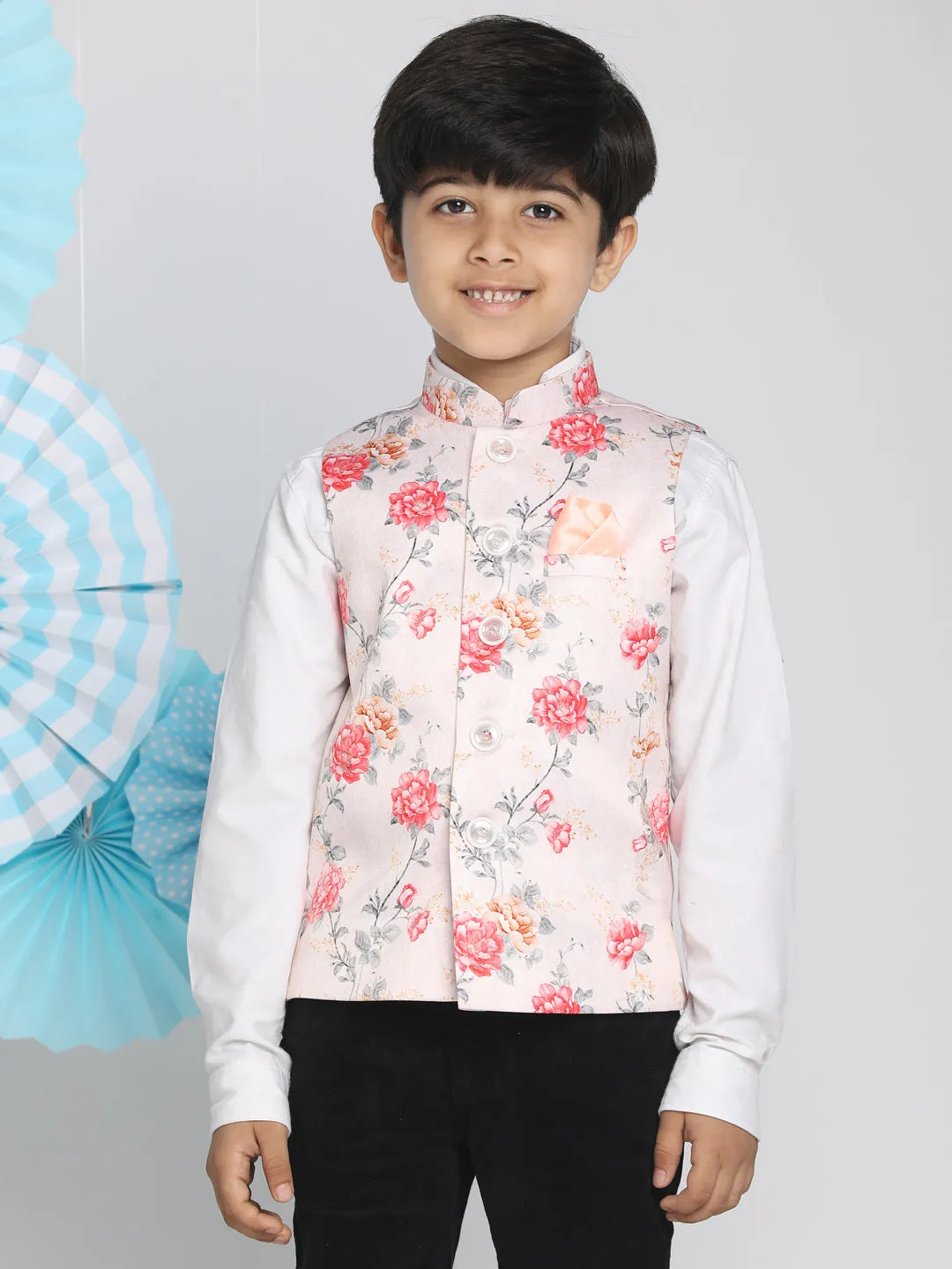 VASTRAMAY Boys Multicolor-Base-Peach Floral Printed Nehru Jacket