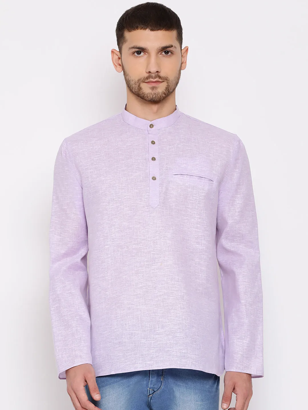 VASTRAMAY Men's Purple Cotton Blend Short Kurta