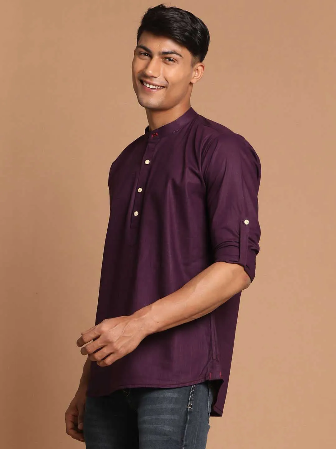 VASTRAMAY Men's Purple Short Cotton Kurta