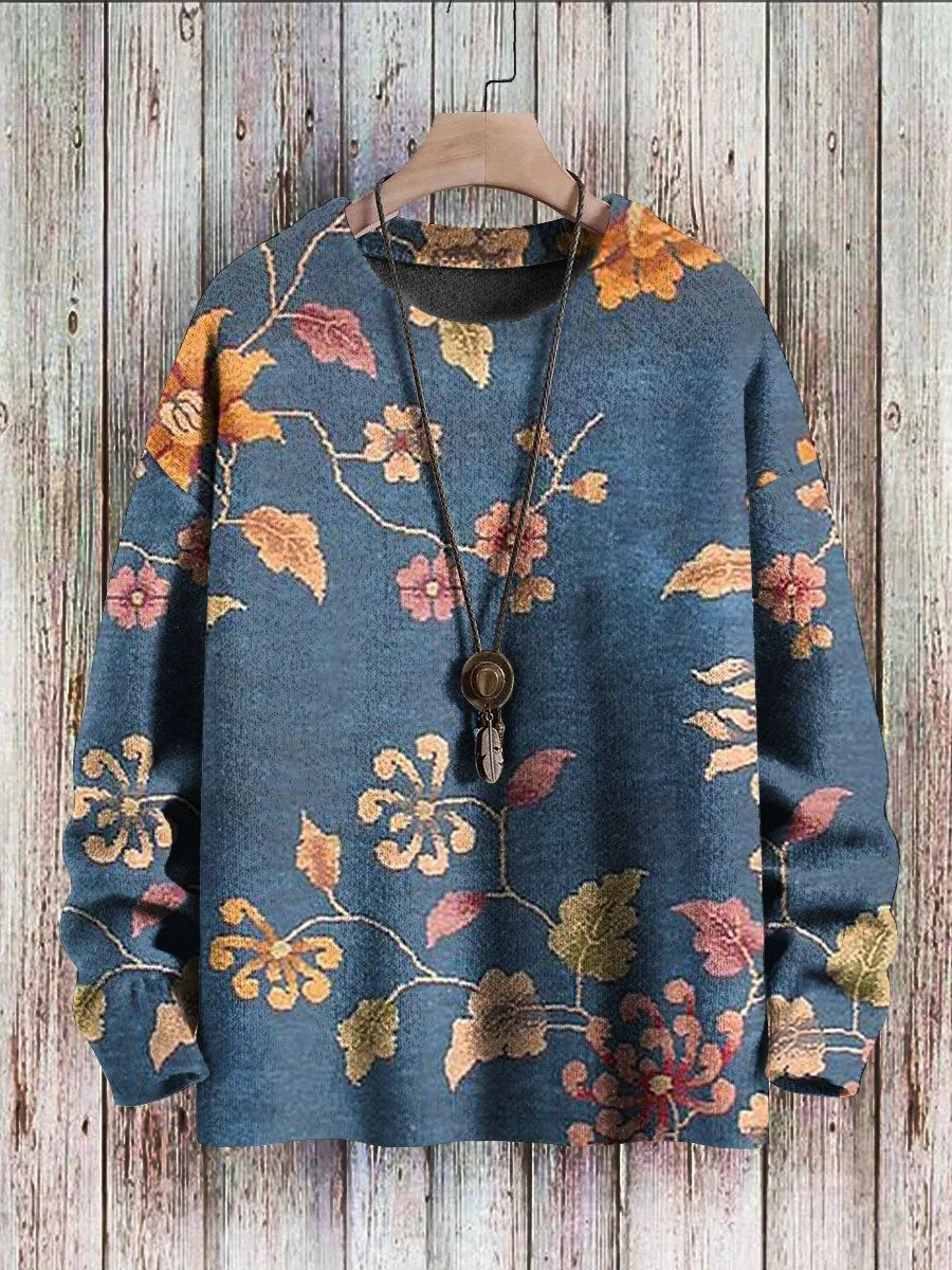 Vintage Floral Print Casual Knitted Crew Neck Pullover Sweater