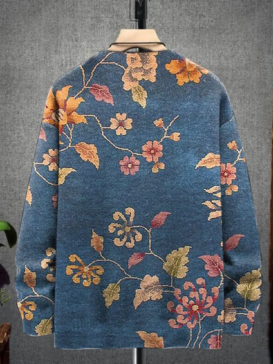 Vintage Floral Print Casual Knitted Crew Neck Pullover Sweater