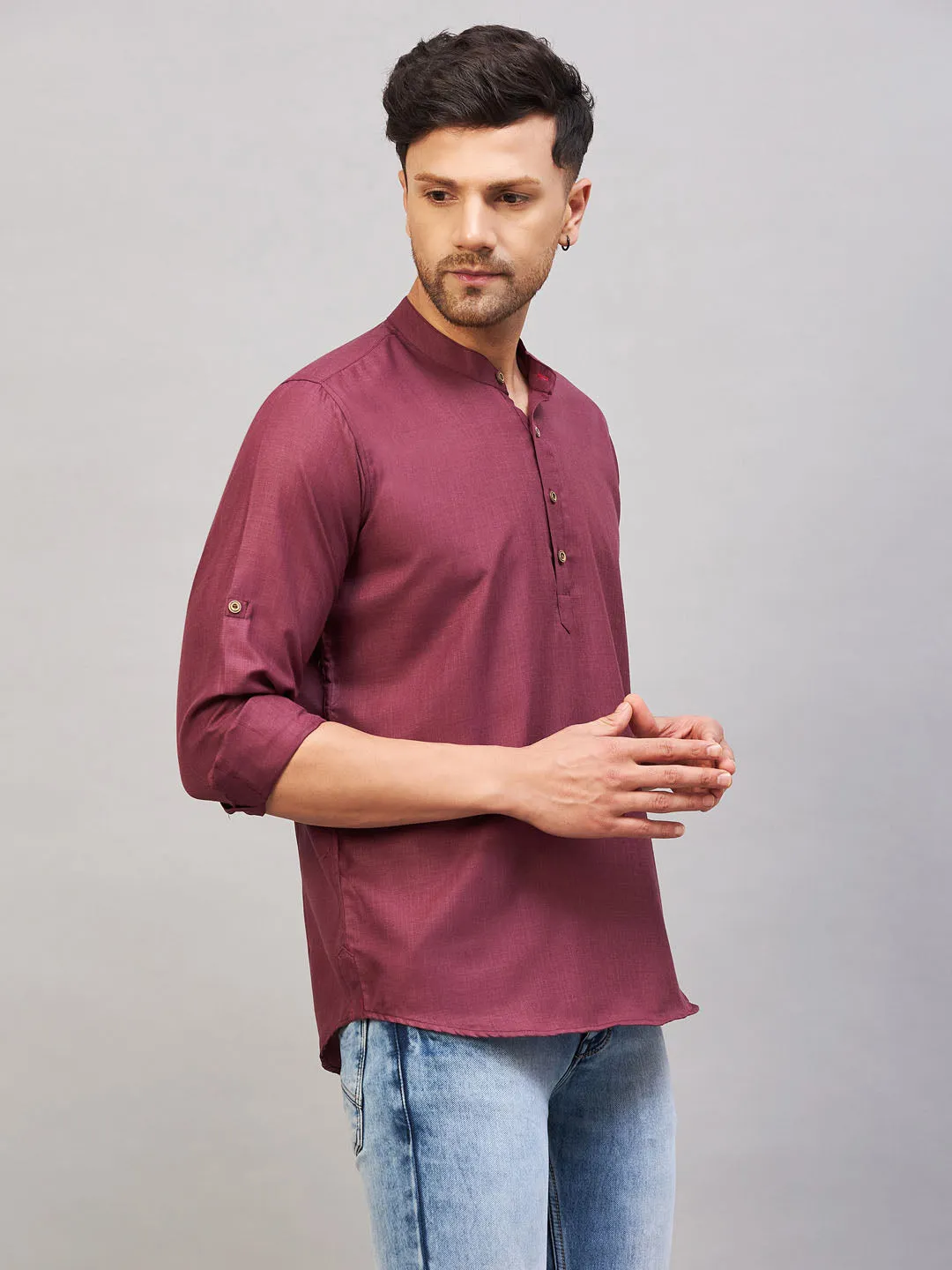 VM BY VASTRAMAY Men's Purple Short Cotton Kurta