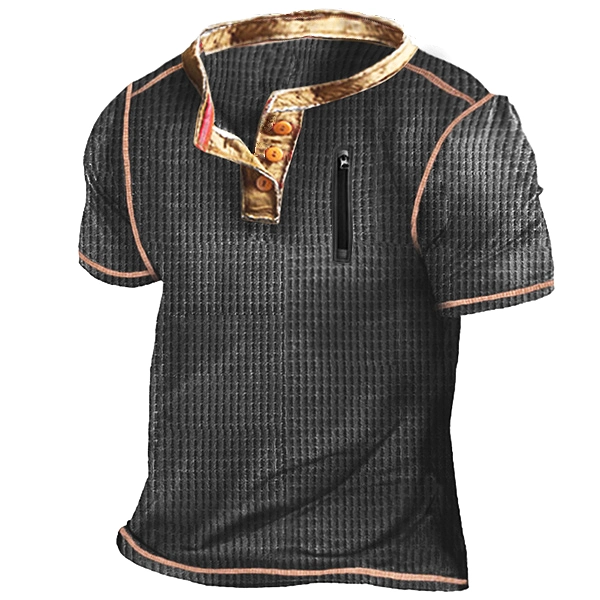 Waffle Men's Outdoor Zipper Pocket Tactical Henley Short Sleeve T-Shirt