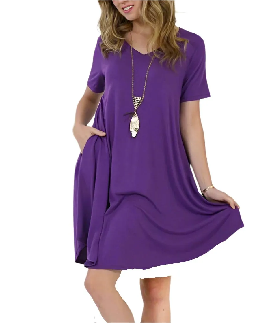 Womens Purple Pocket Dress | Short Sleeve Mini Dress | V-Neck Dress