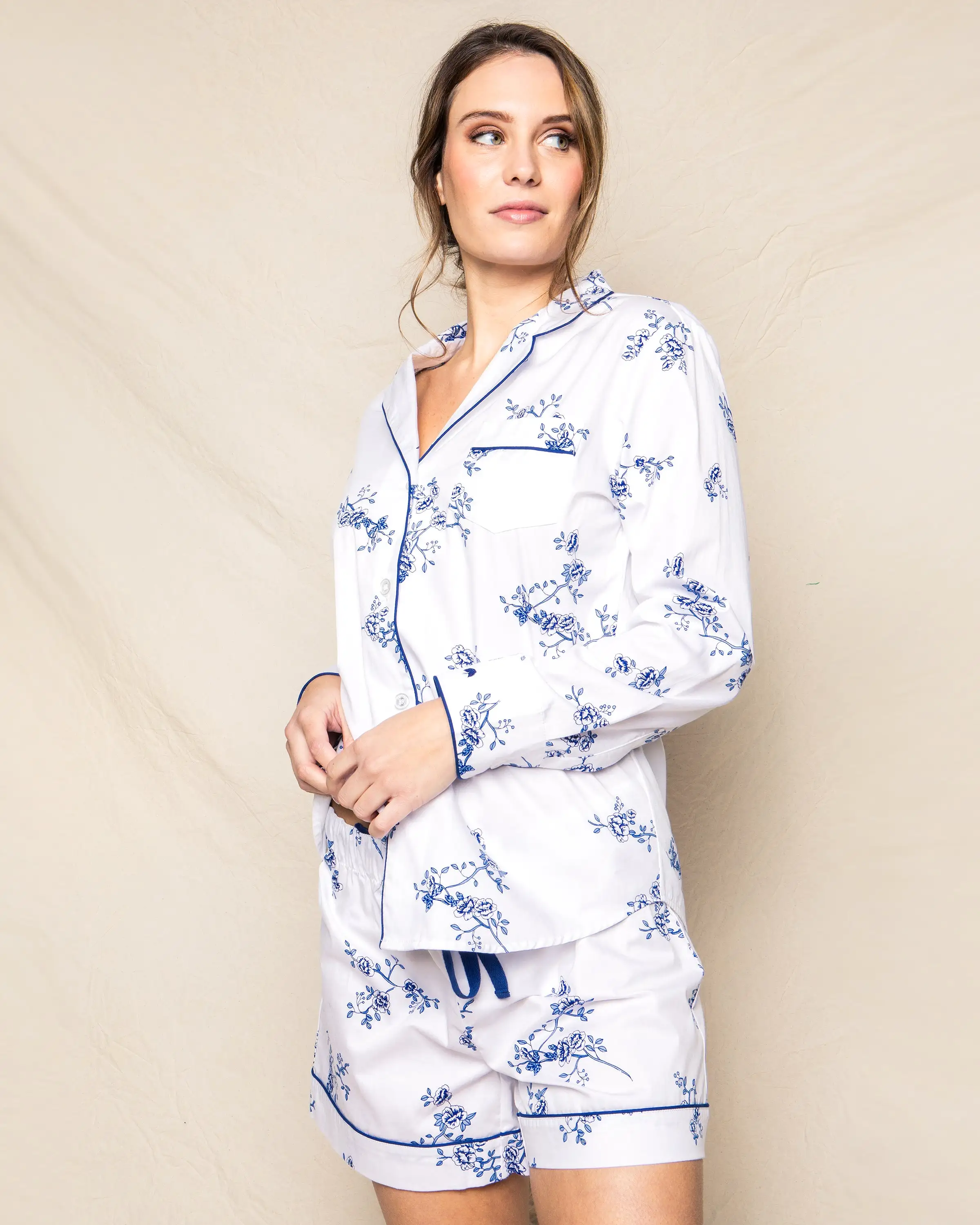 Women's Twill Long Sleeve Short Set in Indigo Floral